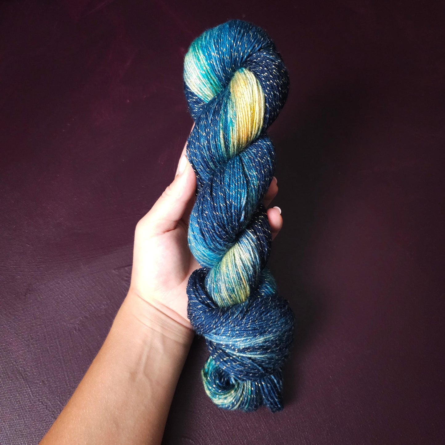 Mermaids Dream, hand dyed gradient yarn, gifts for knitters, sea blue sock yarn, colorful knitting supplies, gold crochet yarn