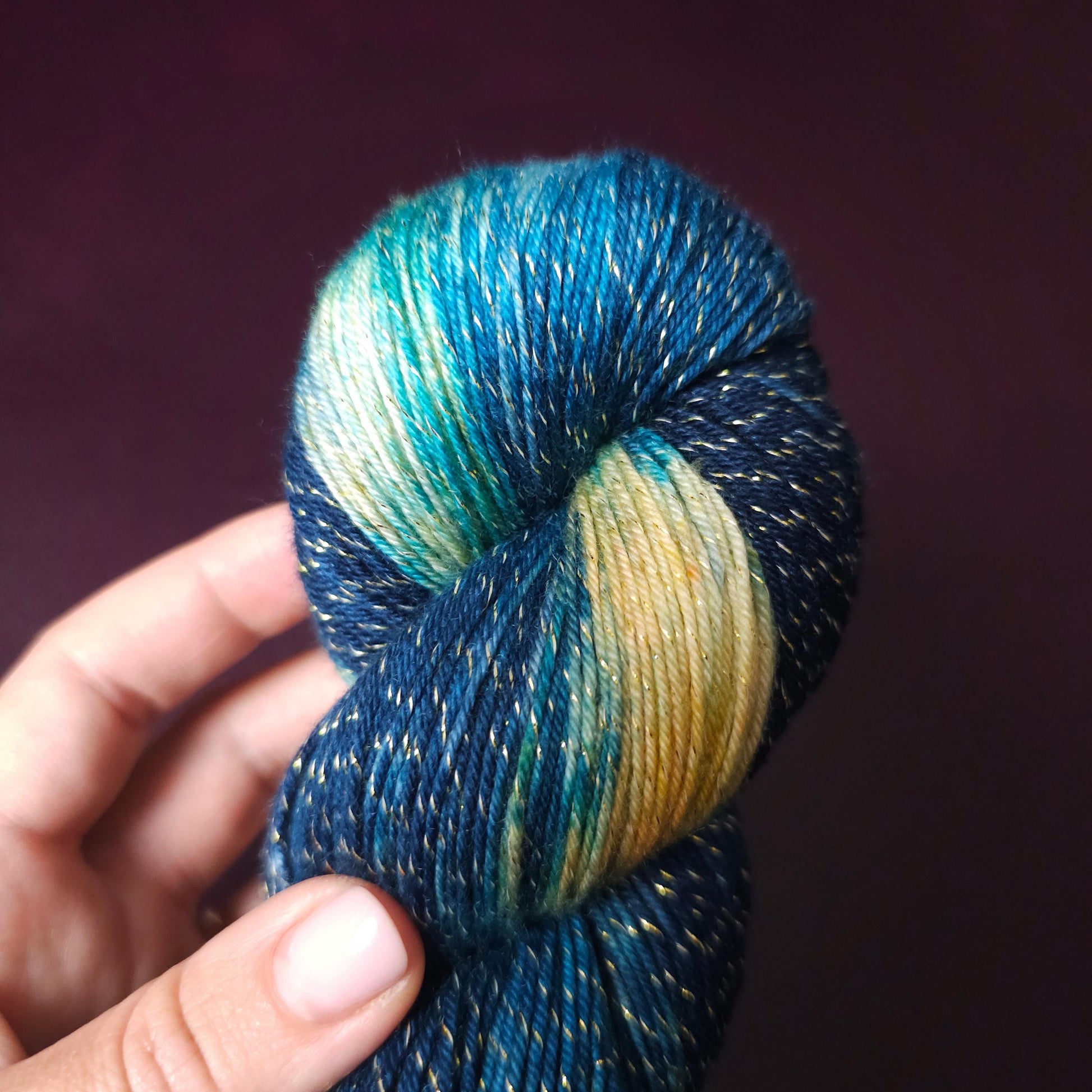 Mermaids Dream, hand dyed gradient yarn, gifts for knitters, sea blue sock yarn, colorful knitting supplies, gold crochet yarn