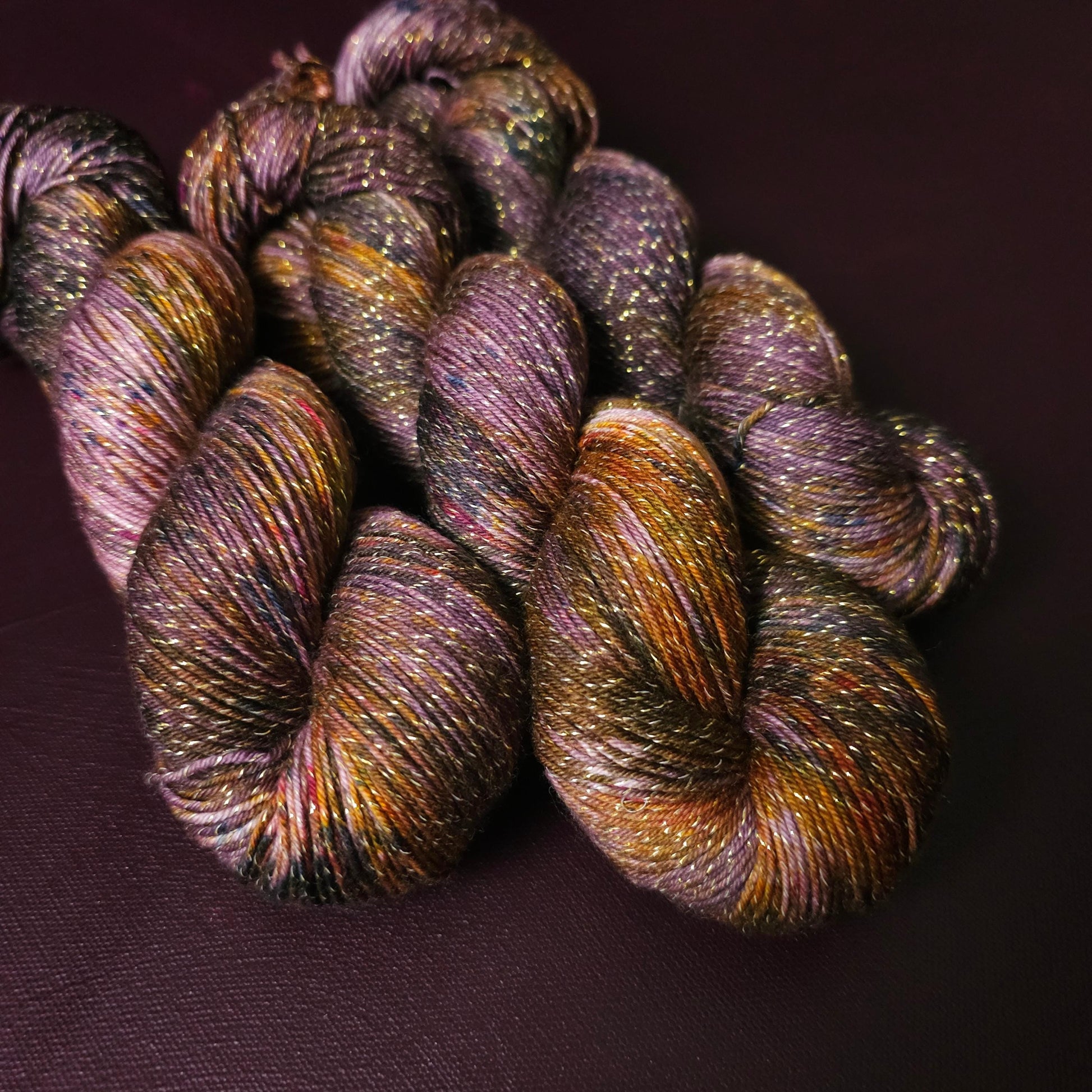 Autumn Plum, Hand Dyed Merino Nylon Yarn, Mohair Silk Fingering Yarn, Gold Superwash Sock Yarn, Indie Dyed Knitting Supplies