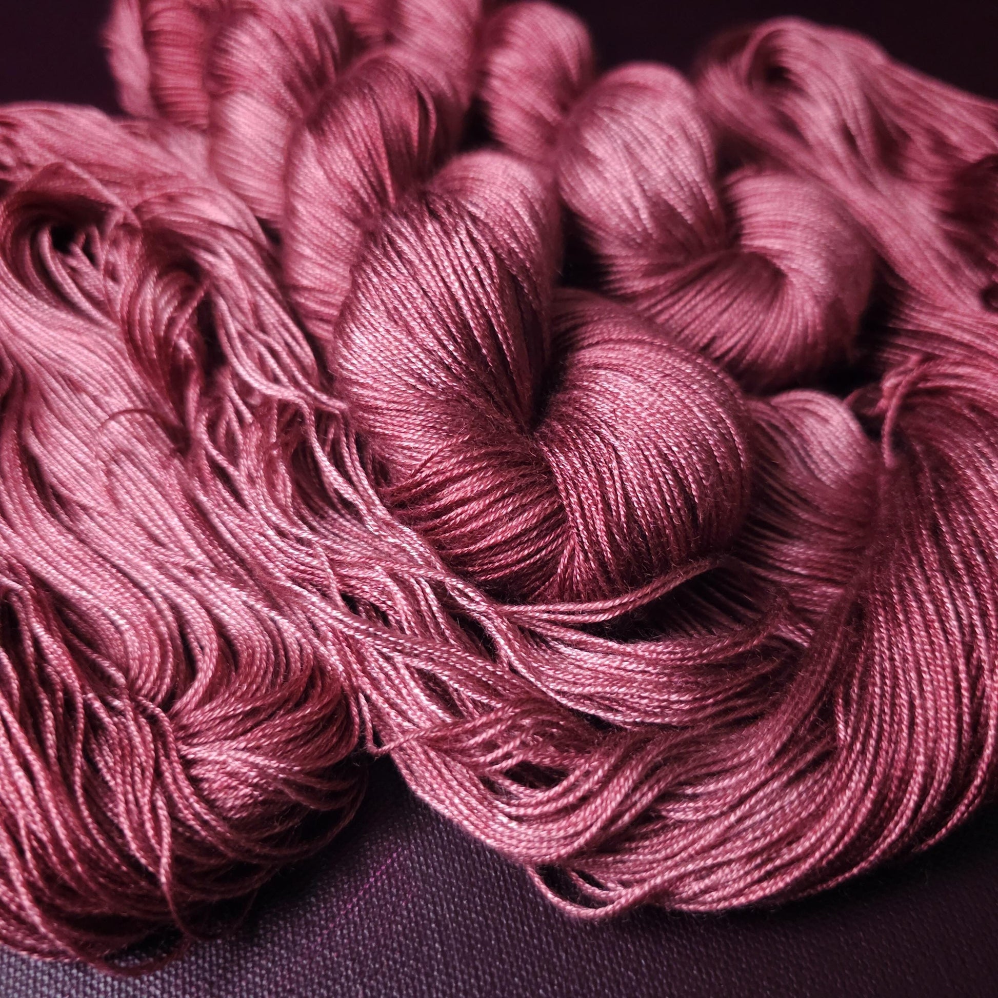 Dusty Rasberry, hand dyed shawl yarn, fingering or DK weight shiny tencel, hand painted soft bamboo, mercerized cotton, crochet knitting