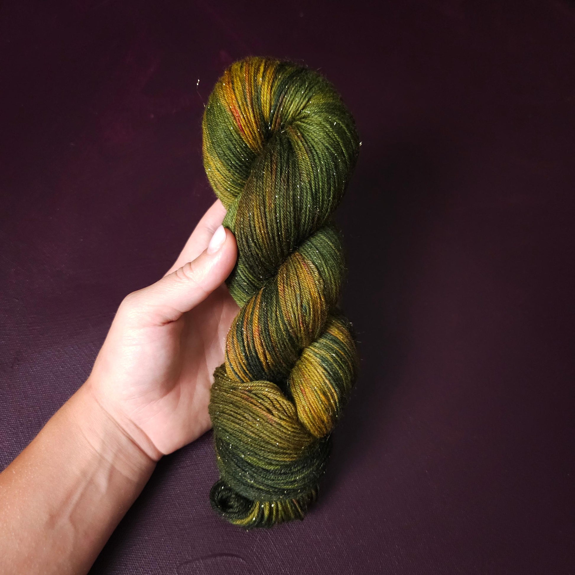 Olive Forest, hand dyed yarn, hand painted superwash merino singles, gift for crocheter, green, golden, mustard yarn, variegated sock yarn