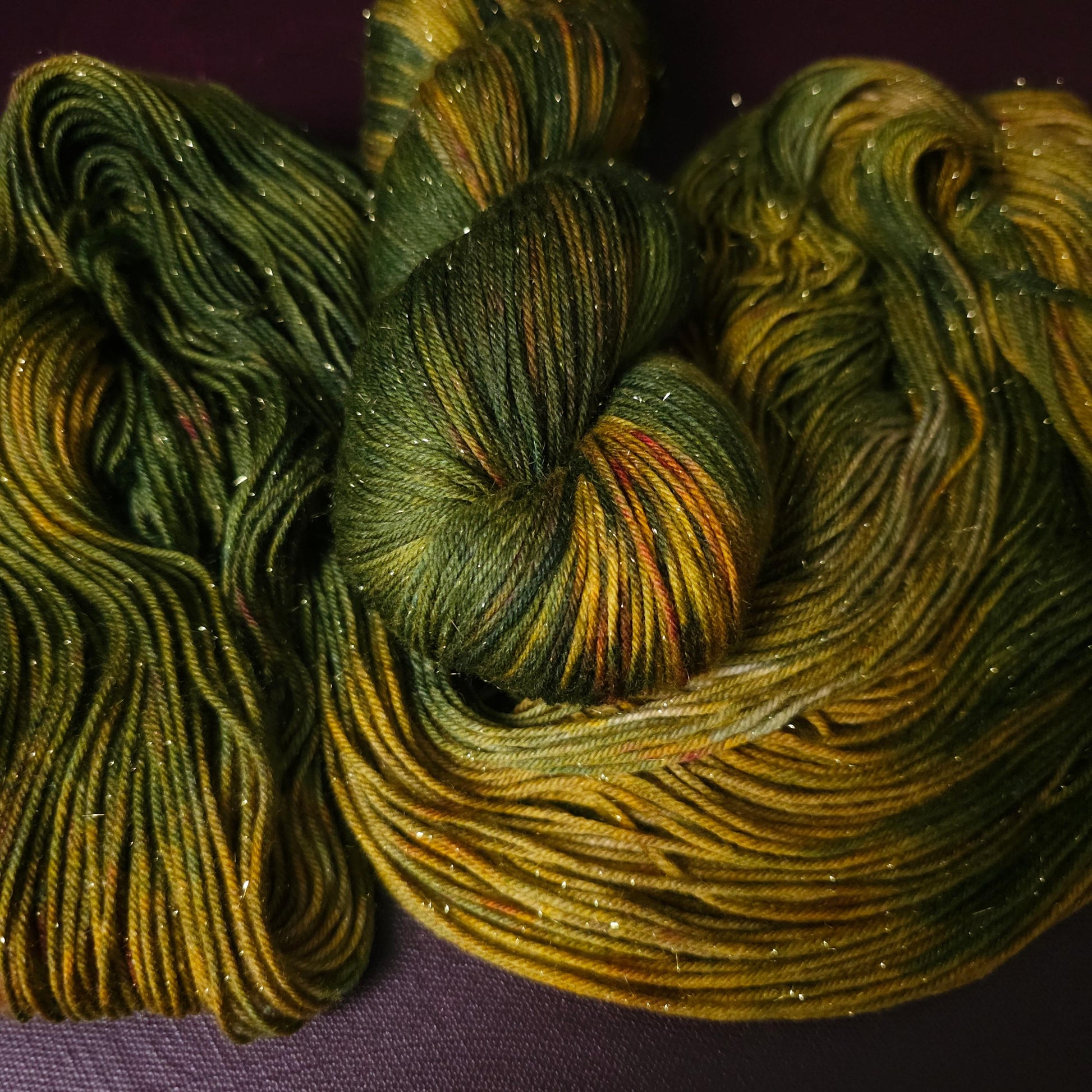 Olive Forest, hand dyed yarn, hand painted superwash merino singles, gift for crocheter, green, golden, mustard yarn, variegated sock yarn