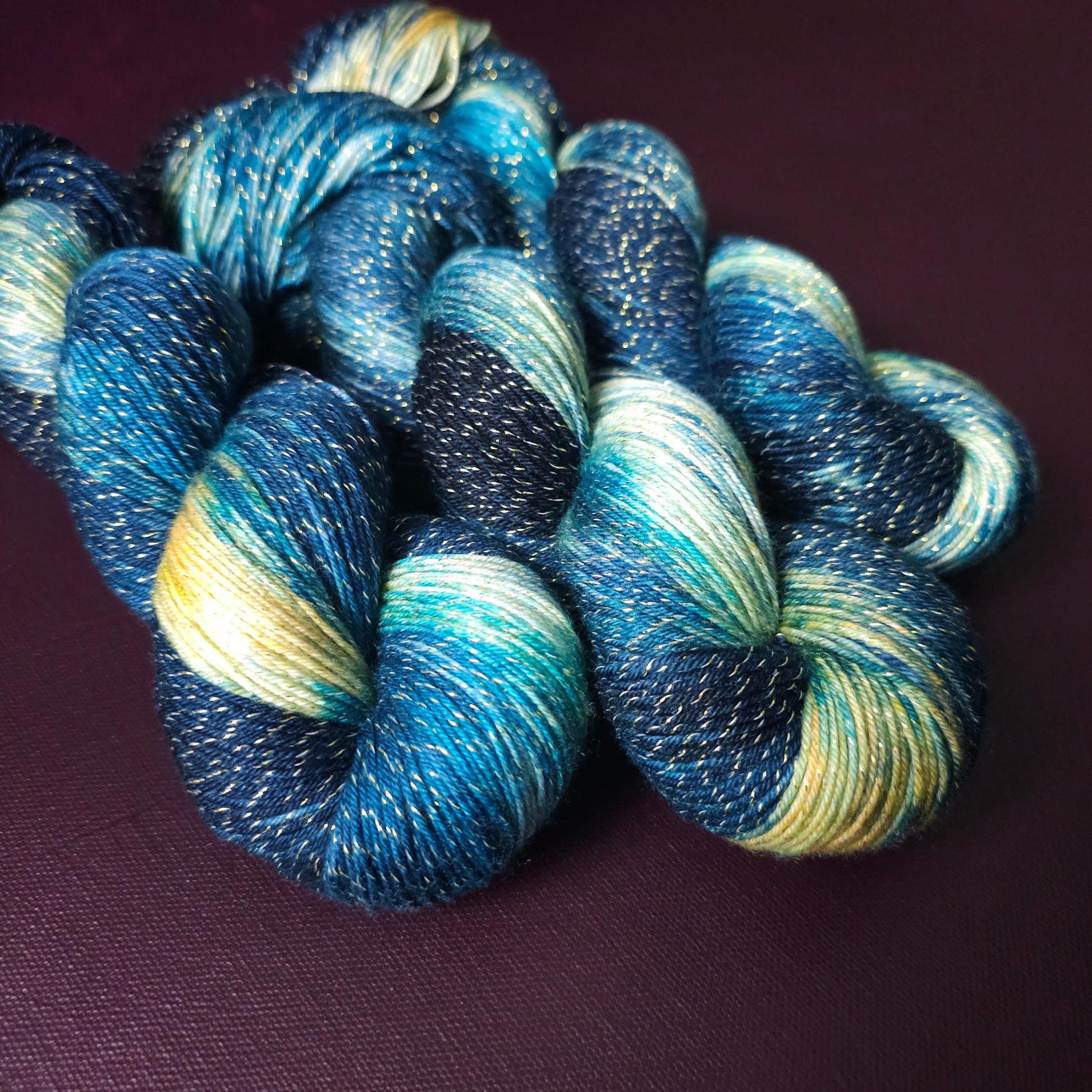 Mermaids Dream, hand dyed gradient yarn, gifts for knitters, sea blue sock yarn, colorful knitting supplies, gold crochet yarn