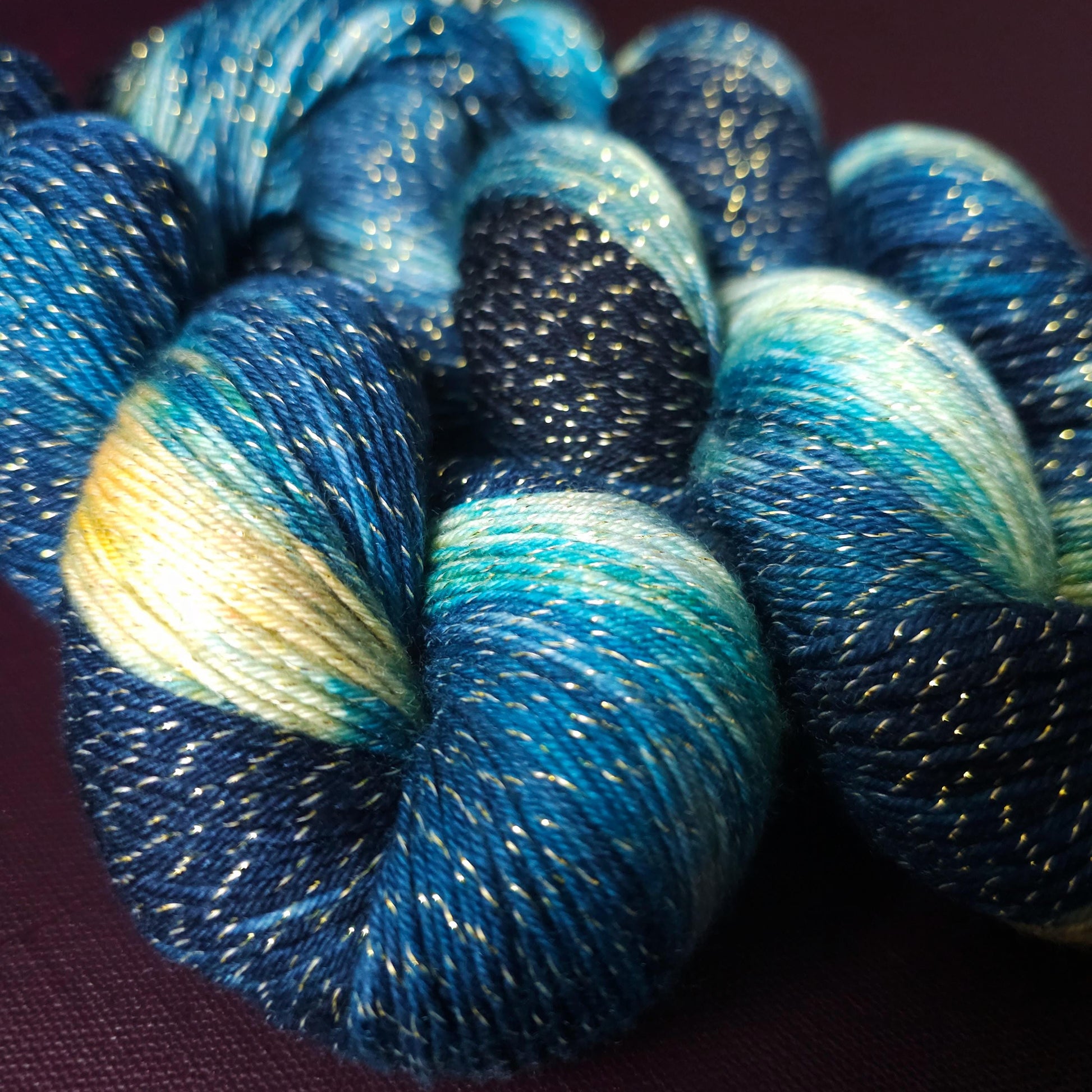 Mermaids Dream, hand dyed gradient yarn, gifts for knitters, sea blue sock yarn, colorful knitting supplies, gold crochet yarn