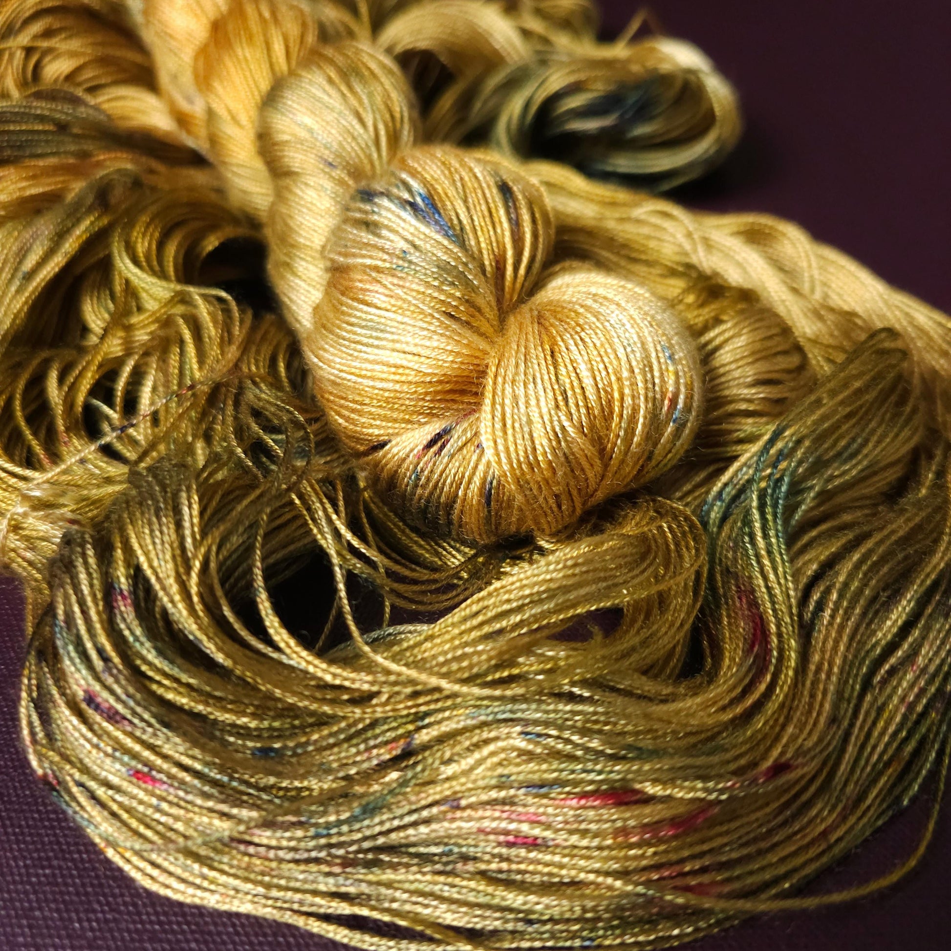 Golden Haze, hand dyed vegan yarn, speckled yarn, fingering / DK weight knitting yarn, tencel OR bamboo yarn, shiny crochet thread,