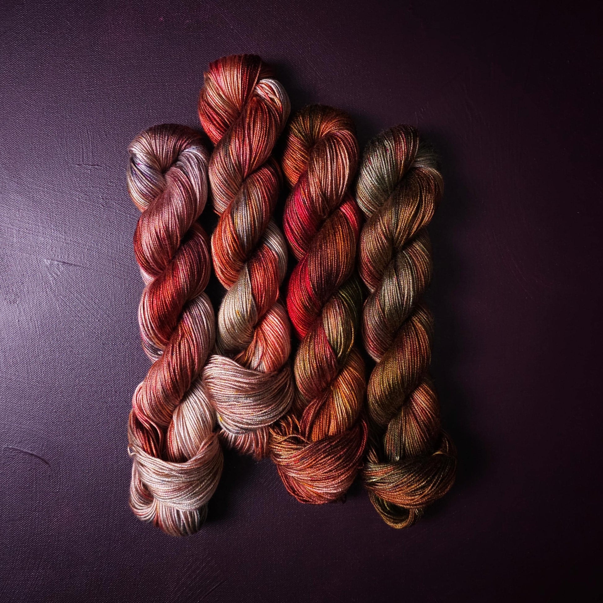 Autumn Fire, Hand Dyed Vegan Yarn, Fade Set, Fingering Weight Tencel DK, Hand Painted Thread, One of a kind