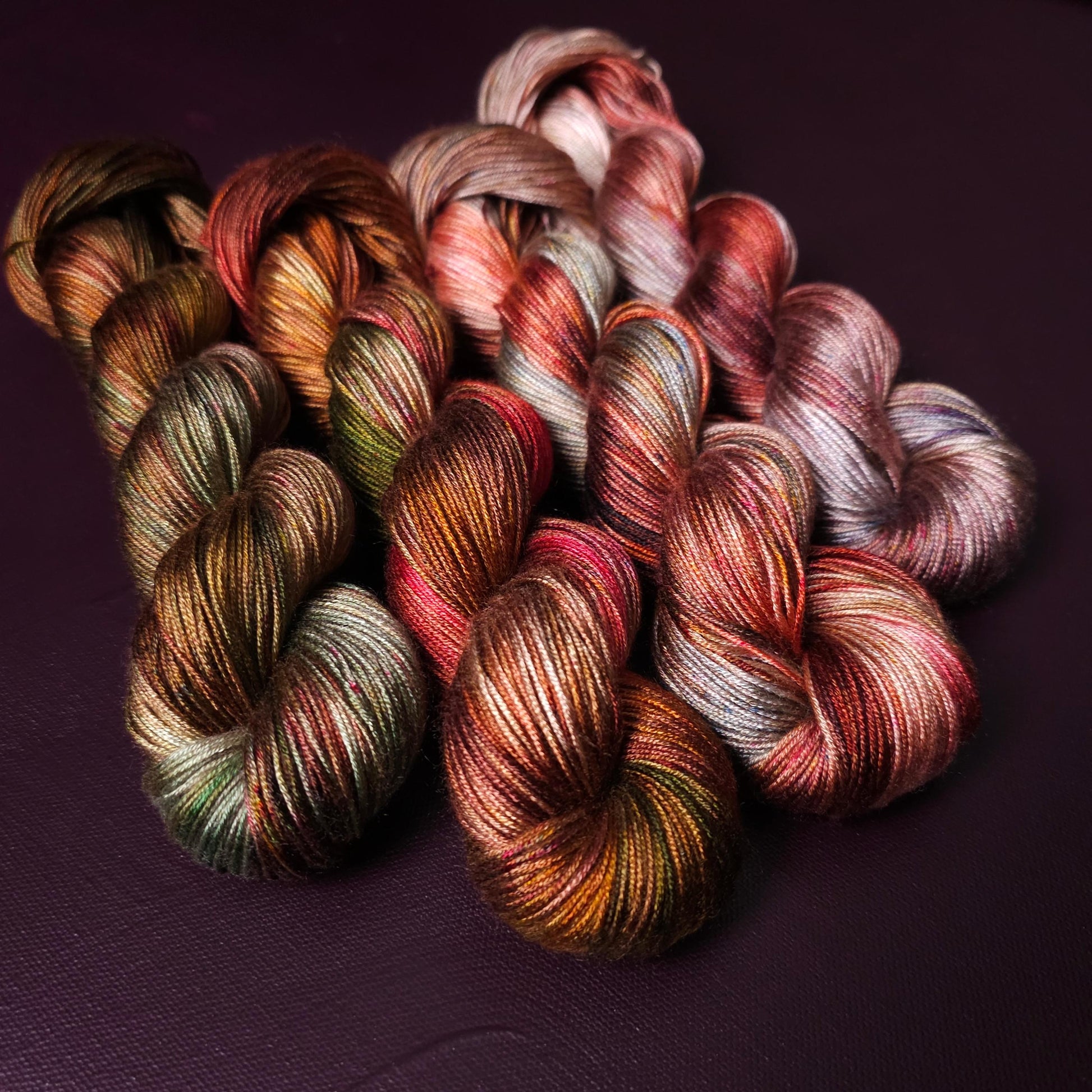 Autumn Fire, Hand Dyed Vegan Yarn, Fade Set, Fingering Weight Tencel DK, Hand Painted Thread, One of a kind