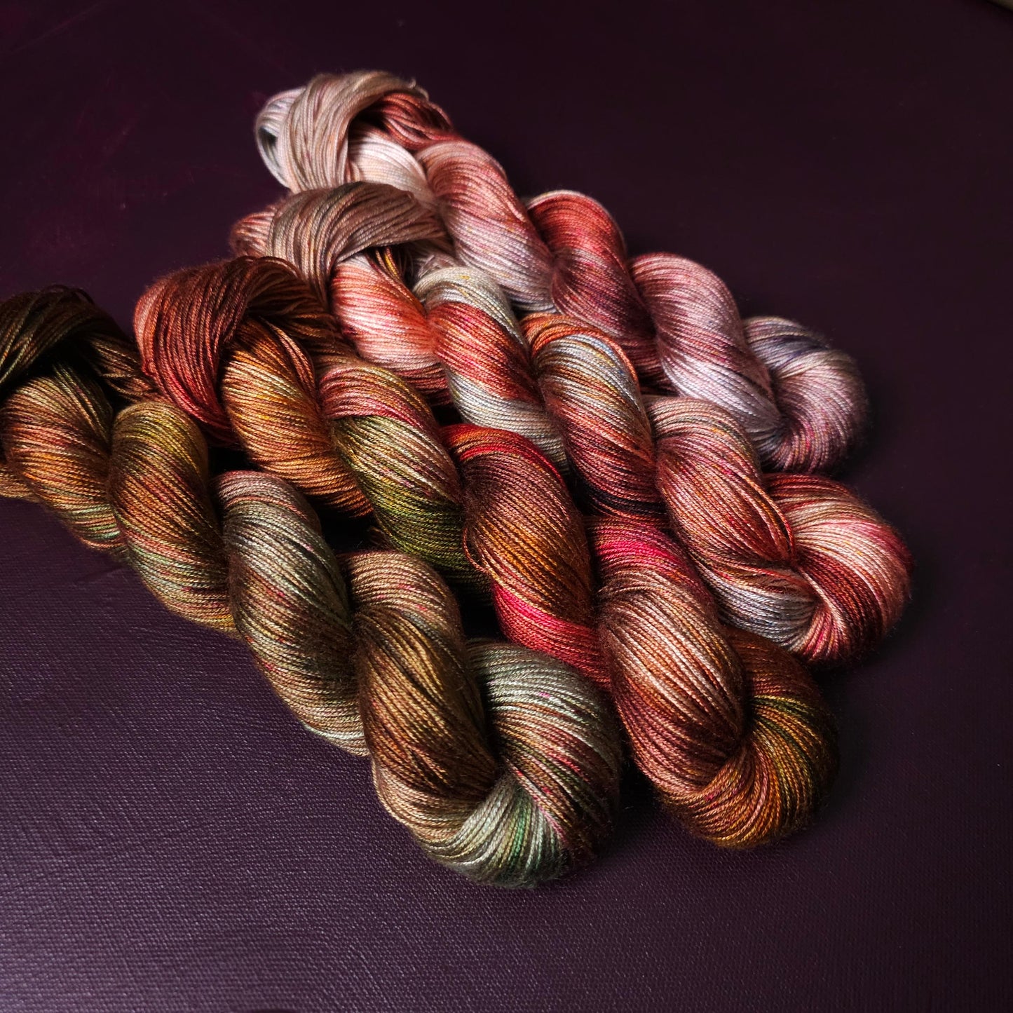 Autumn Fire, Hand Dyed Vegan Yarn, Fade Set, Fingering Weight Tencel DK, Hand Painted Thread, One of a kind