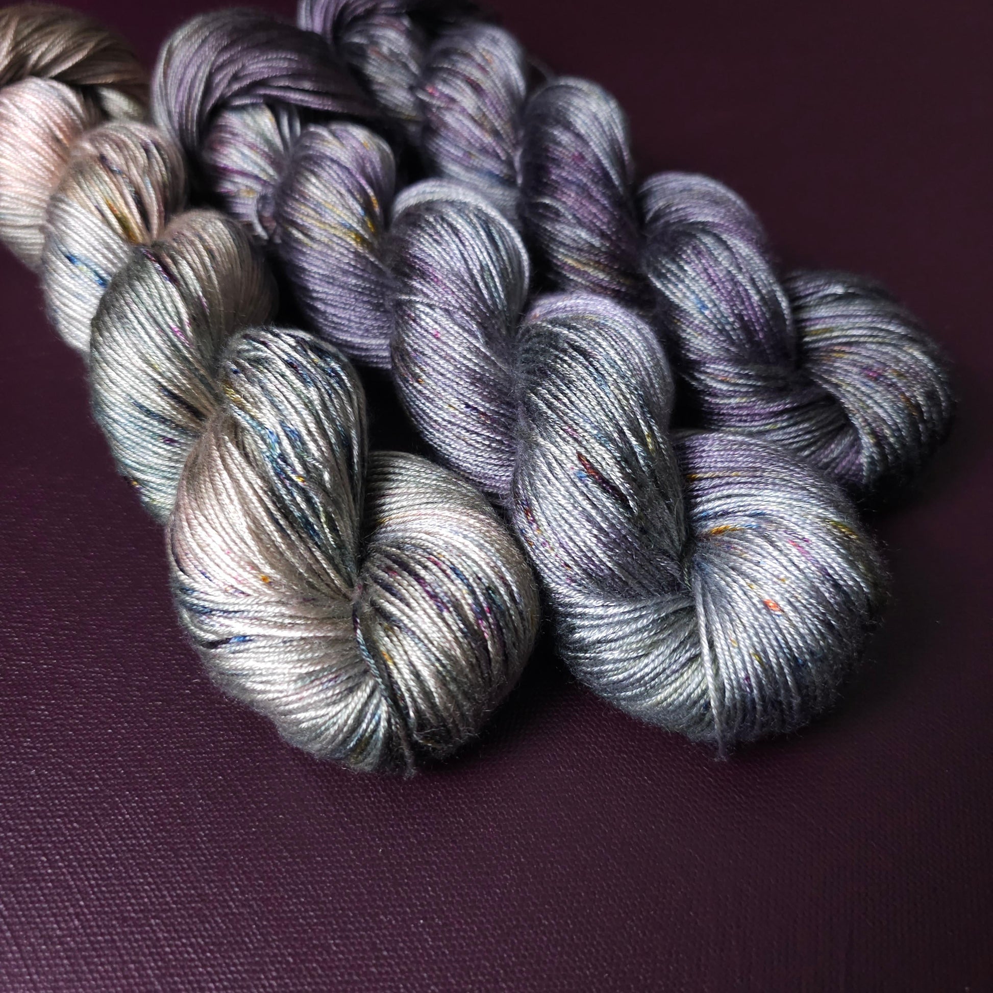 Lucky Dip Trio, Hand Dyed Vegan Yarn Set, One Of A Kind, Tencel DK Weight Yarn, Hand Painted Plant Based Crochet Thread