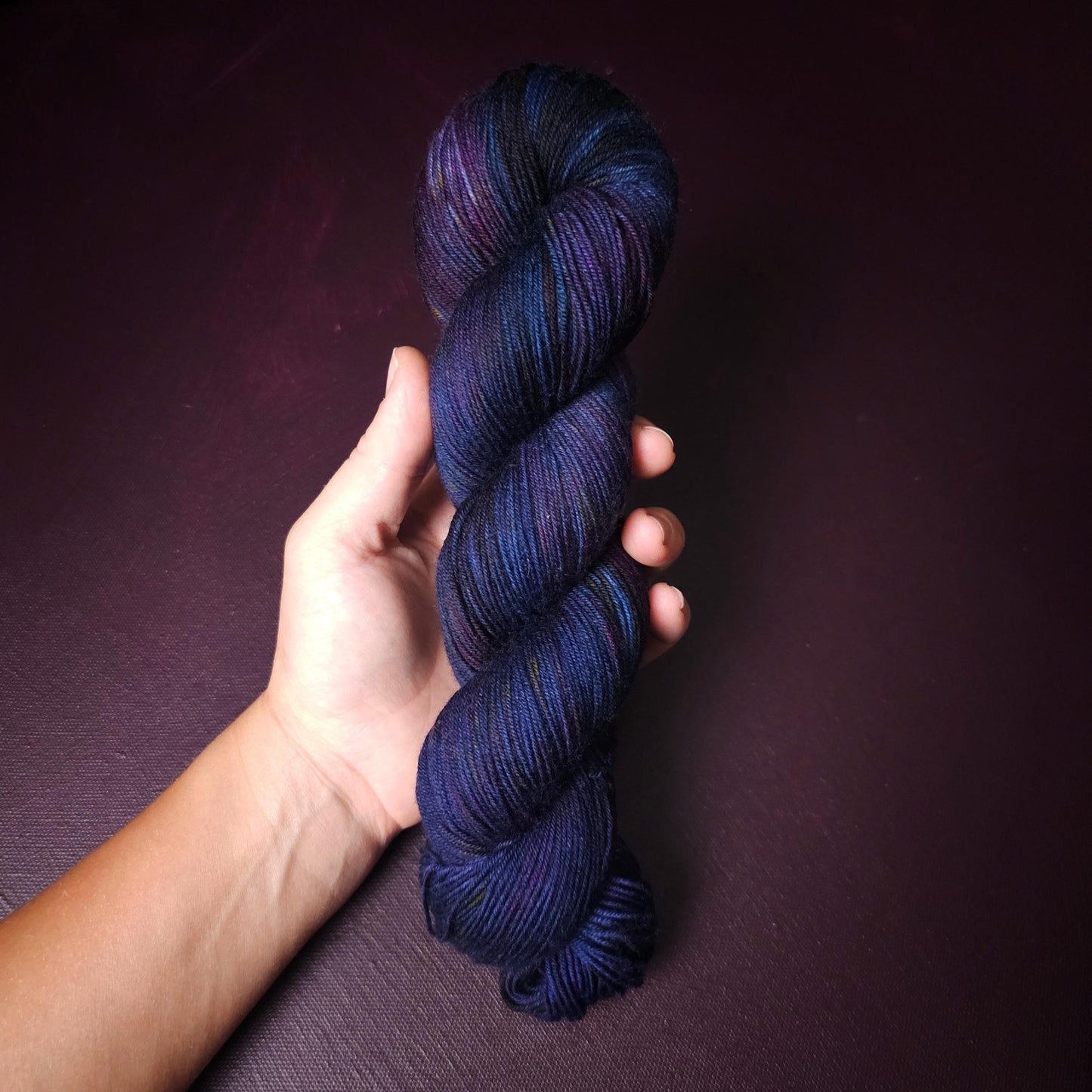 Purple Dust, hand dyed gradient yarn, gifts for knitters, happy sock yarn, dark purple colorful knitting supplies, speckled crochet yarn