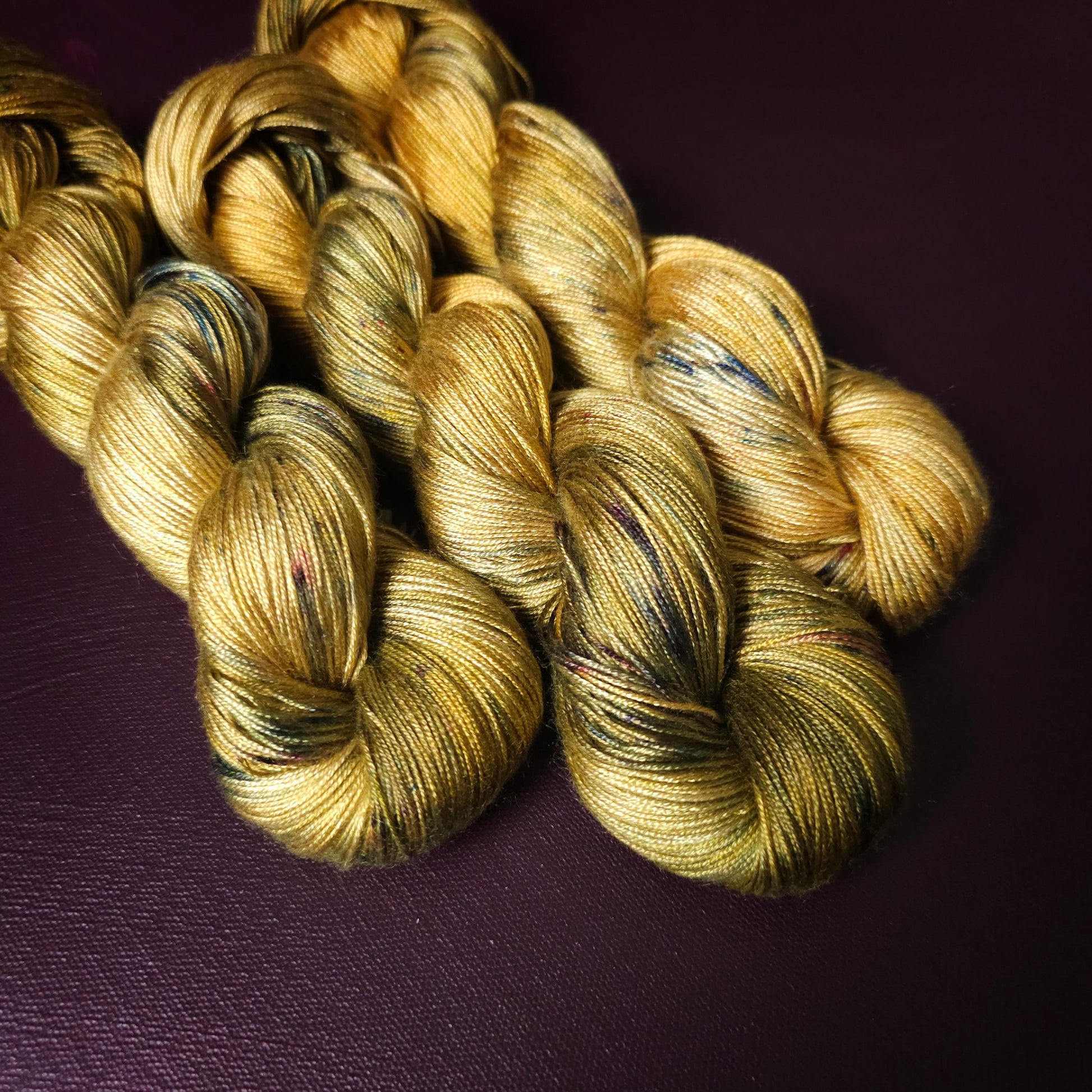 Golden Haze, hand dyed vegan yarn, speckled yarn, fingering / DK weight knitting yarn, tencel OR bamboo yarn, shiny crochet thread,