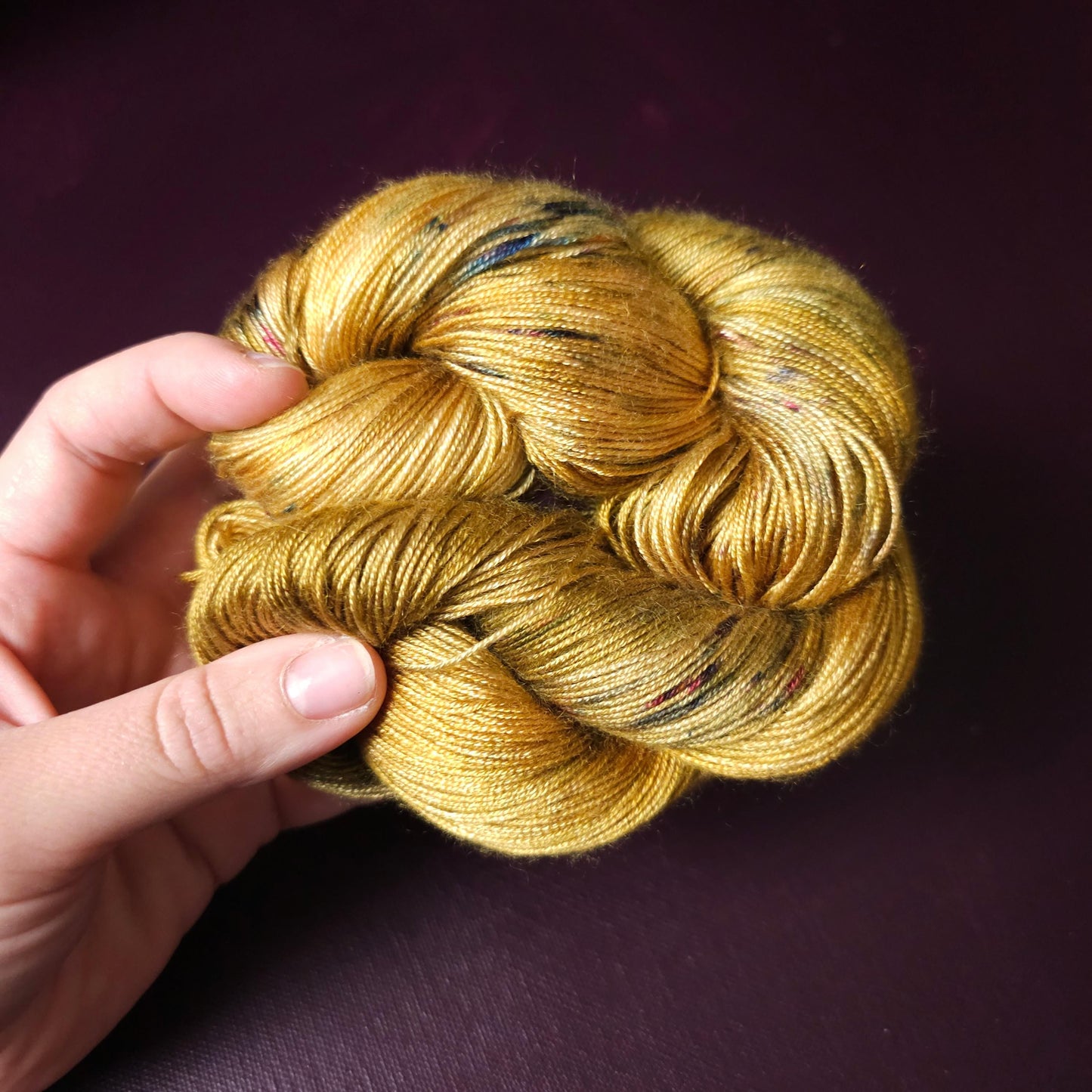 Golden Haze, hand dyed vegan yarn, speckled yarn, fingering / DK weight knitting yarn, tencel OR bamboo yarn, shiny crochet thread,