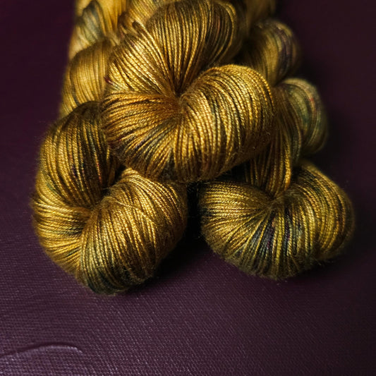 Ochre Haze, hand dyed vegan yarn, speckled yarn, fingering / DK weight knitting yarn, tencel OR bamboo yarn, shiny crochet thread,