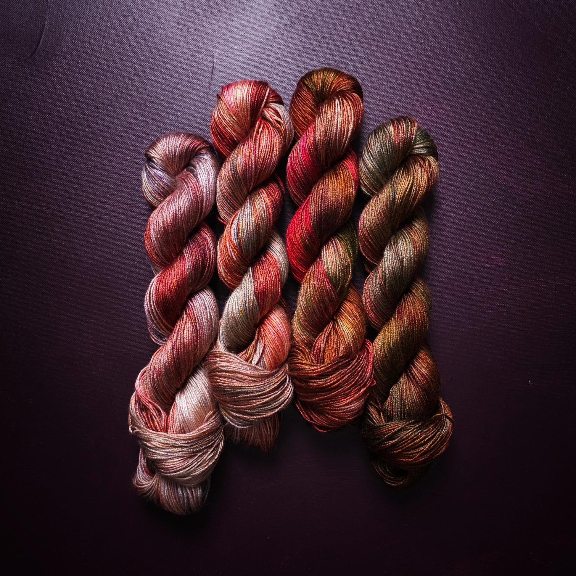 Autumn Fire, Hand Dyed Vegan Yarn, Fade Set, Fingering Weight Tencel DK, Hand Painted Thread, One of a kind