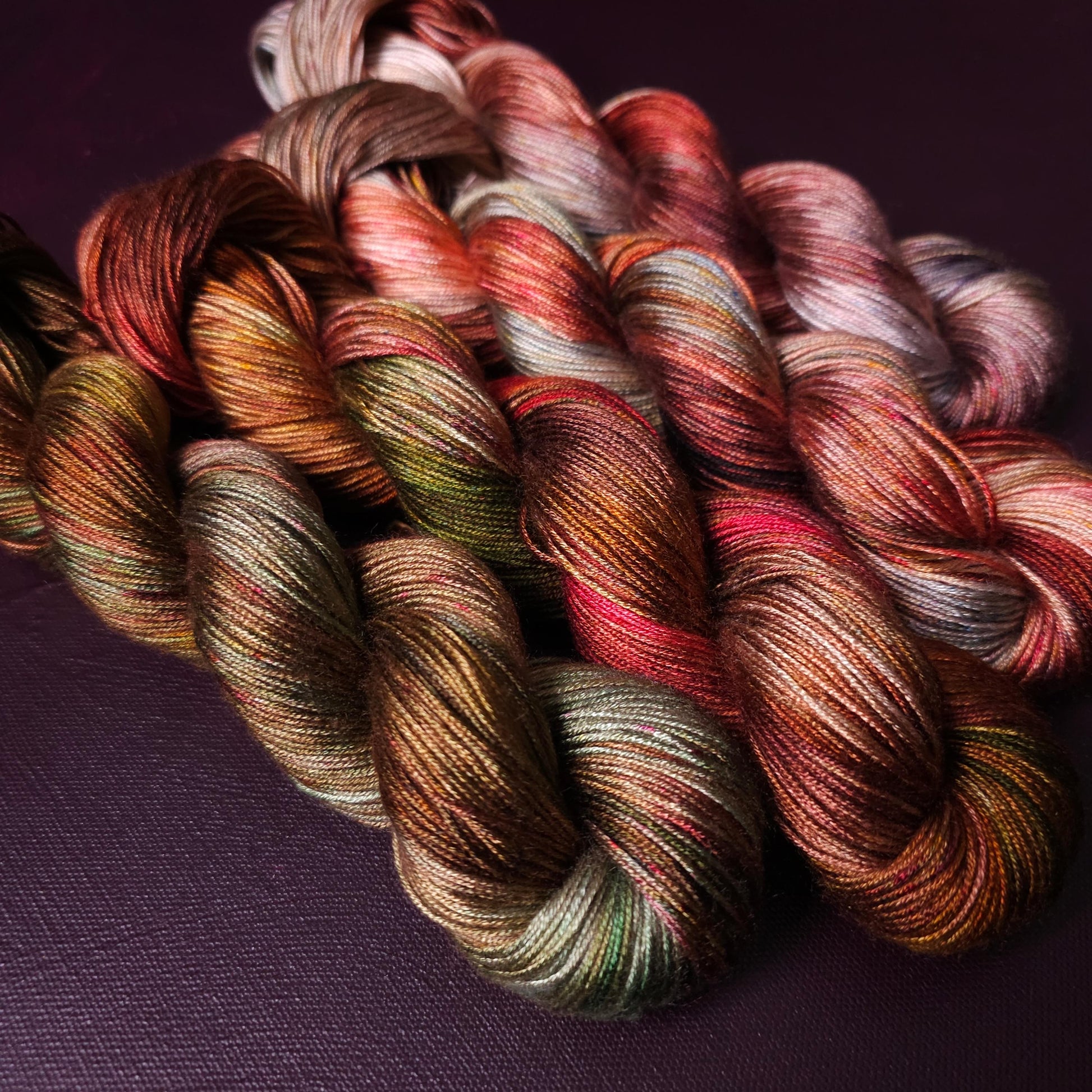 Autumn Fire, Hand Dyed Vegan Yarn, Fade Set, Fingering Weight Tencel DK, Hand Painted Thread, One of a kind