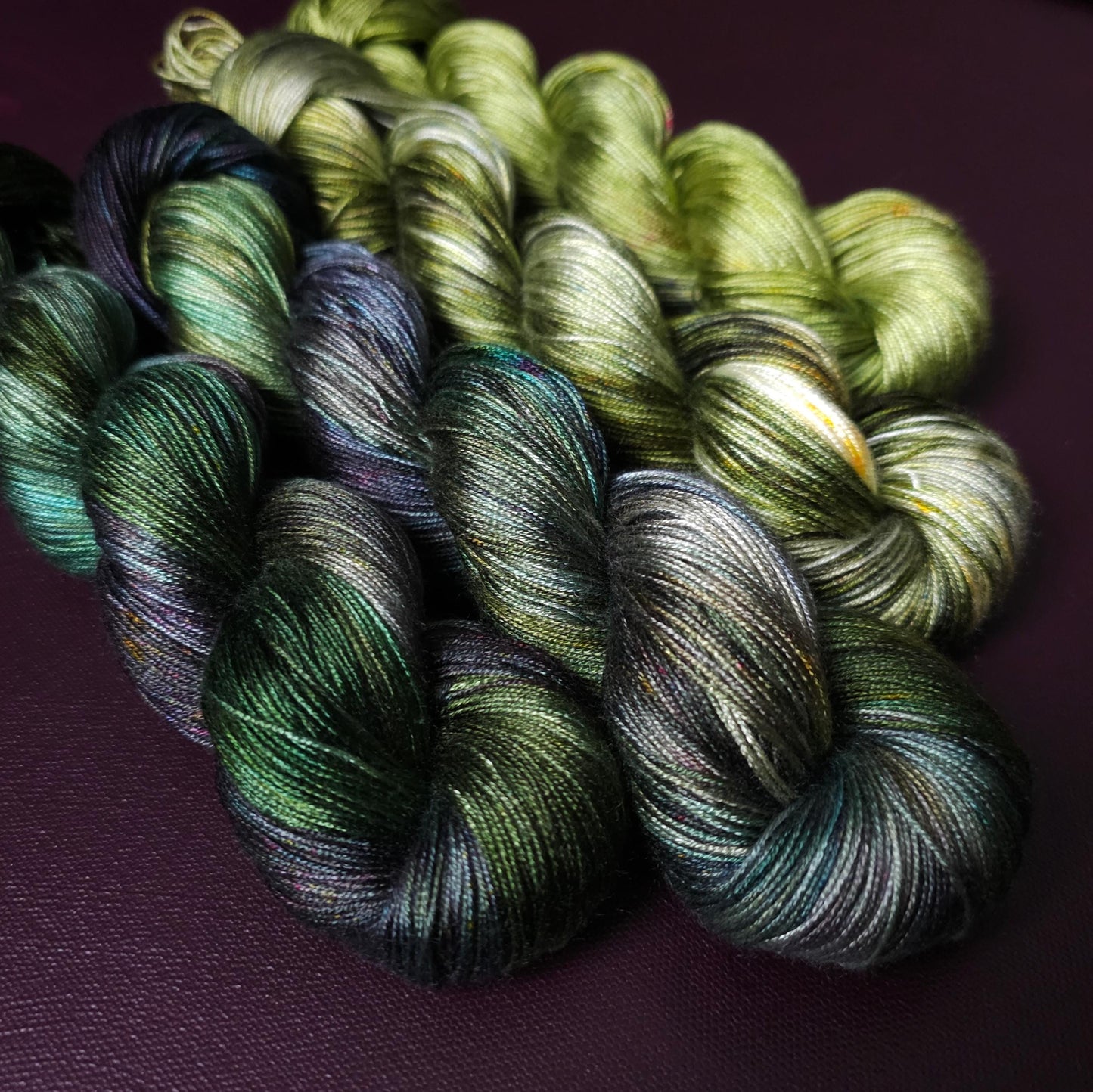 Marsh Frog, Hand Dyed Vegan Yarn, Fade Set, Fingering Weight Tencel fingering, Hand Painted Thread, One of a kind