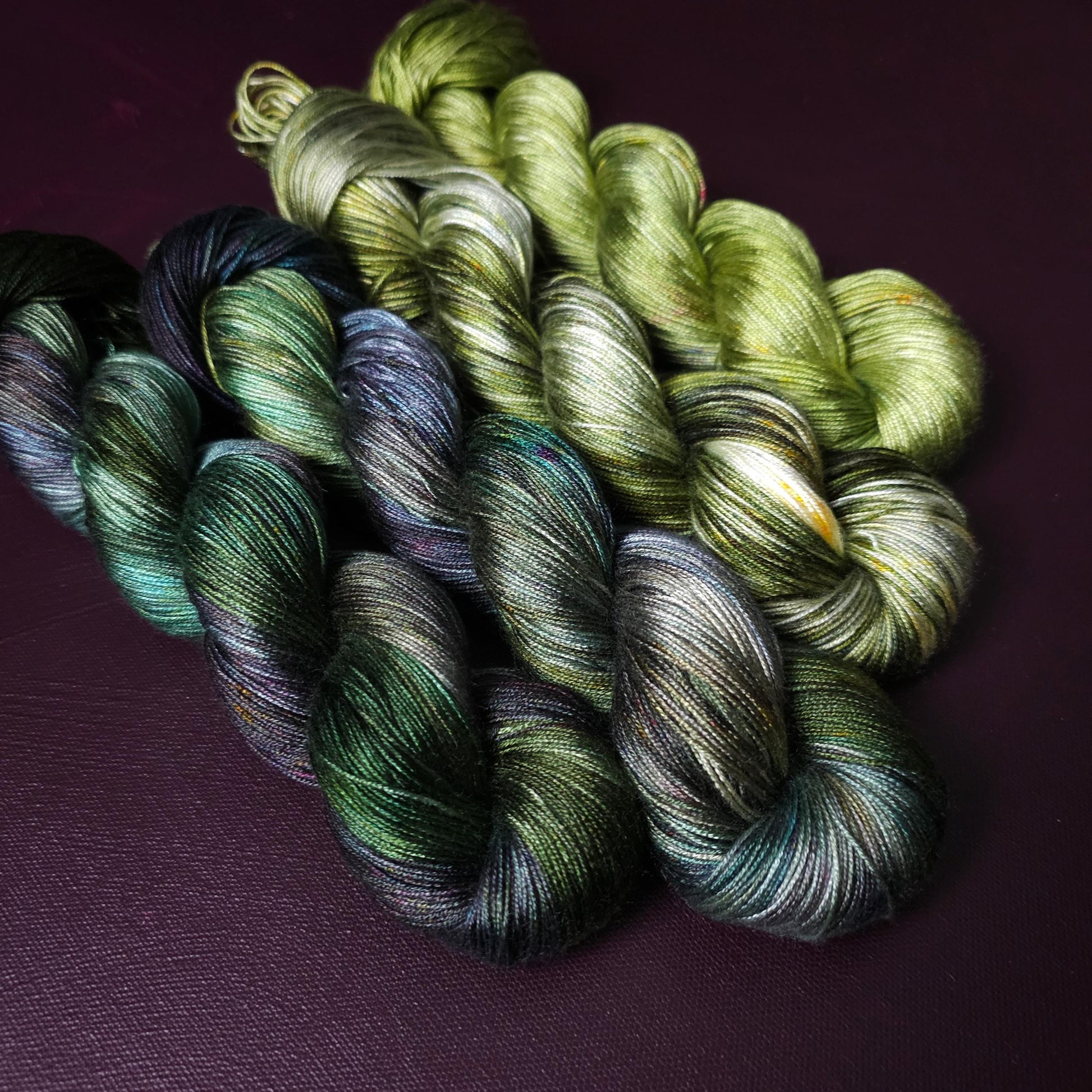 Marsh Frog, Hand Dyed Vegan Yarn, Fade Set, Fingering Weight Tencel fingering, Hand Painted Thread, One of a kind