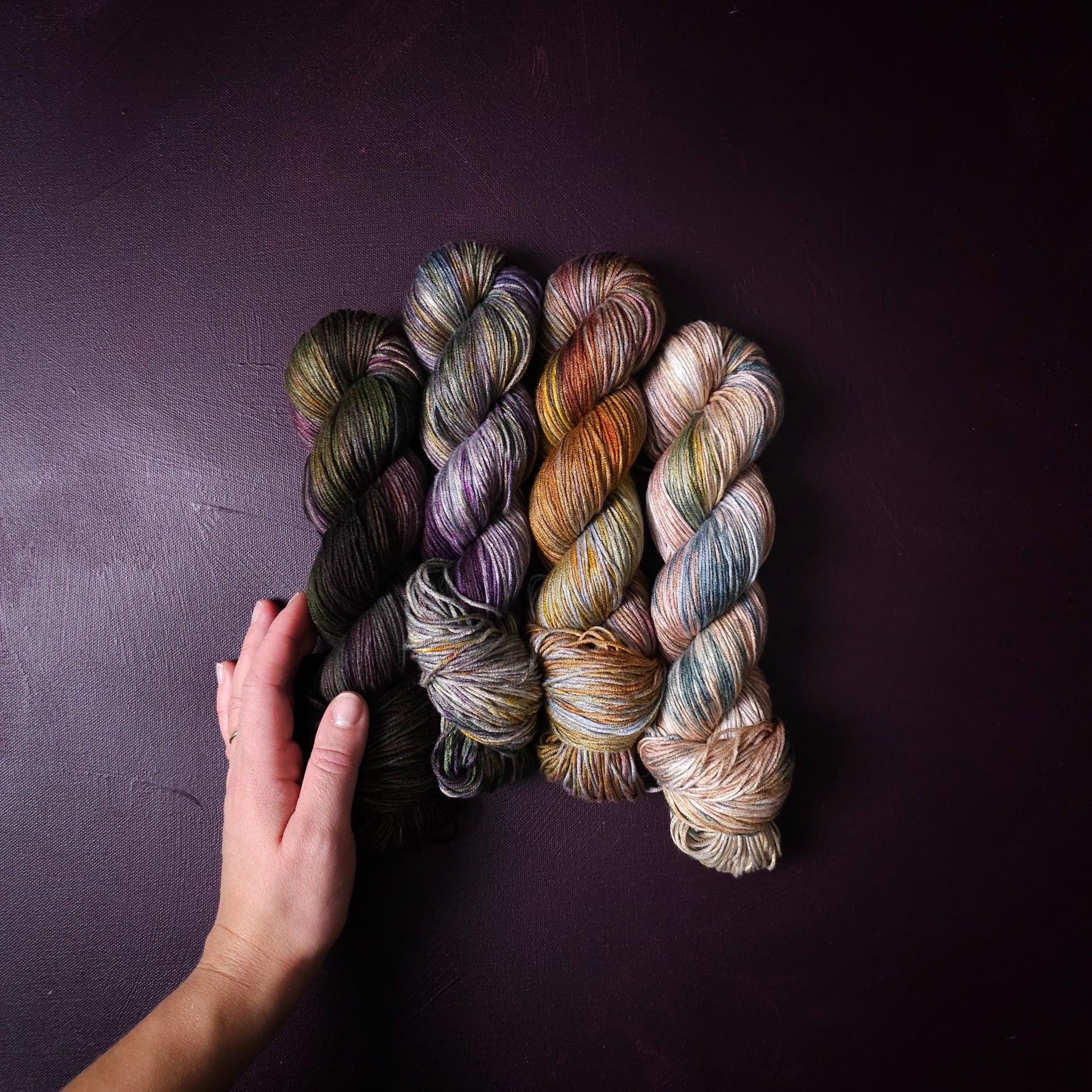 Outlands, Hand Dyed Vegan Yarn, Yarn Set, DK Weight Bamboo Yarn, Hand Painted Plant Based Thread, One of a kind