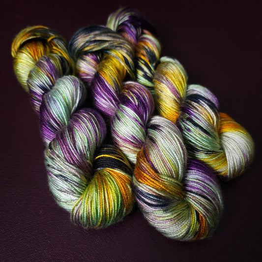 Hand dyed vegan yarn, Lost Theory, fingering / DK weight tencel, bamboo, mercerized cotton thread, hand painted knitting or crochet thread