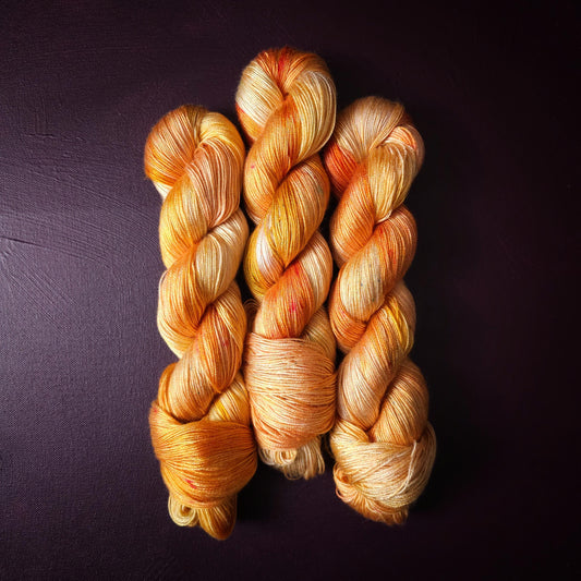 Hand dyed vegan yarn, Lemon Peach, fingering weight tencel thread, hand painted knitting or crochet yarn, shiny plant based weaving yarn,
