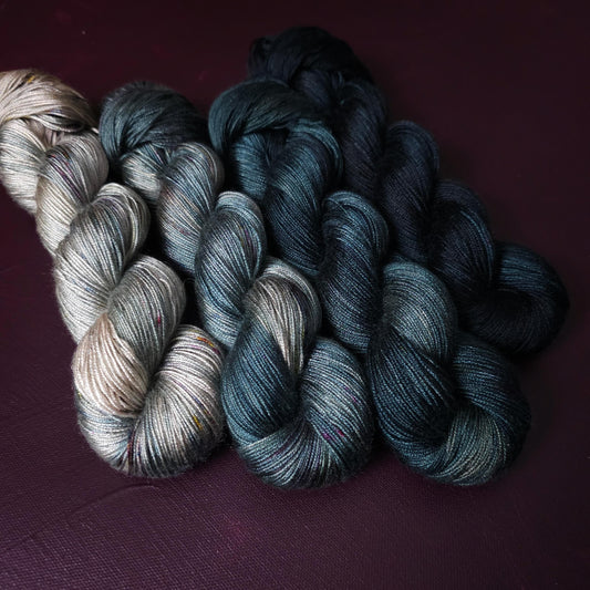 Hand dyed vegan yarn, Fade Set, Smokey Blues, shiny tencel yarn, soft knitting yarn, hand painted crichet thread, fingering weight