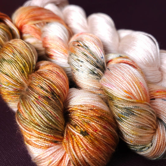 Winter Peach Fade Set, hand dyed vegan yarn, speckled knitting yarn, soft bamboo crochet thread, hand painted plant based fingering or DK