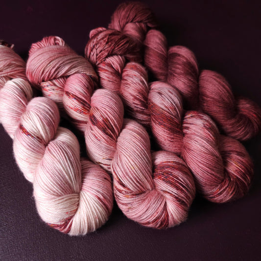 Hand dyed yarn Set ~ Rasberry Passion ~ soft merino sock yarn , single ply, DK, Aran, Mohair Silk thread, knitting and crochet yarn