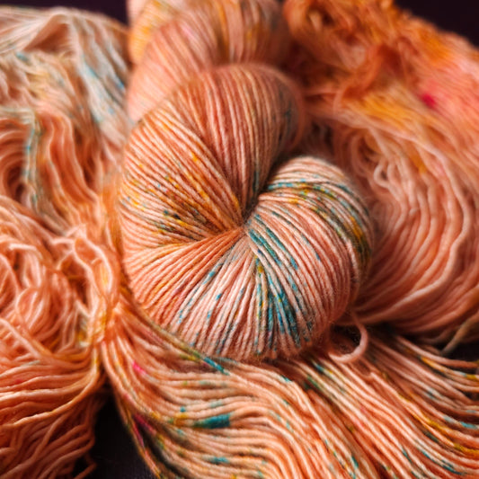 Soft Coral, hand dyed gradient wool yarn, gifts for knitters, gold lurex sock yarn, colorful knitting supplies, merino crochet yarn
