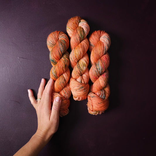 Coral Dream, hand dyed gradient wool yarn, gifts for knitters, gold lurex sock yarn, colorful knitting supplies, merino crochet yarn