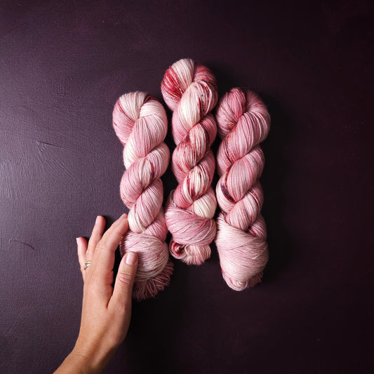 Soft Rasberry, hand dyed merino singles yarn, gifts for knitters, gold lurex sock yarn, colorful knitting supplies, merino crochet yarn