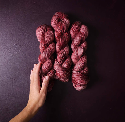 Rasberry Delight, hand dyed merino singles yarn, gifts for knitters, gold lurex sock yarn, colorful knitting supplies, merino crochet yarn
