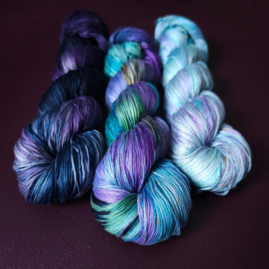 Lucky Dip Trio, Hand Dyed Vegan Yarn Set, One Of A Kind, mercerized cotton fingering Weight Yarn, Hand Painted Plant Based Crochet Thread, K