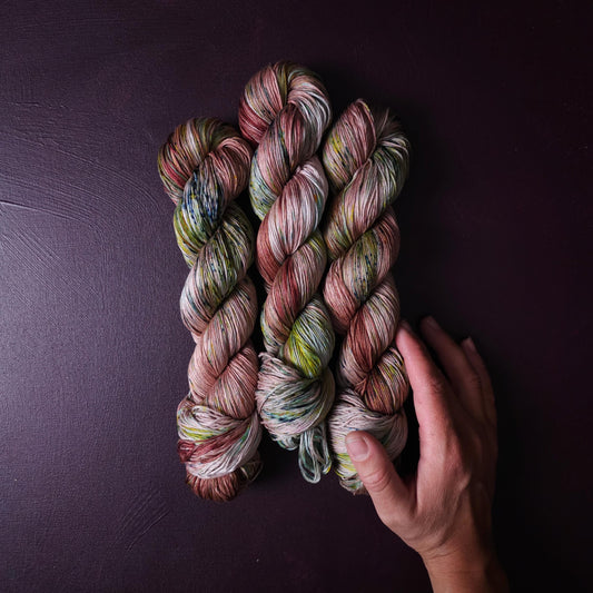 Soft Oaks, Hand dyed vegan yarn, fingering / DK weight tencel, bamboo, mercerized cotton thread, hand painted knitting or crochet