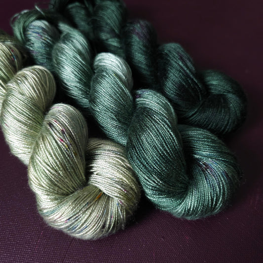 Lucky Dip Trio nr2, Hand Dyed Vegan Yarn Set, One Of A Kind, Tencel Fingering Weight Yarn, Hand Painted Plant Based Crochet Thread