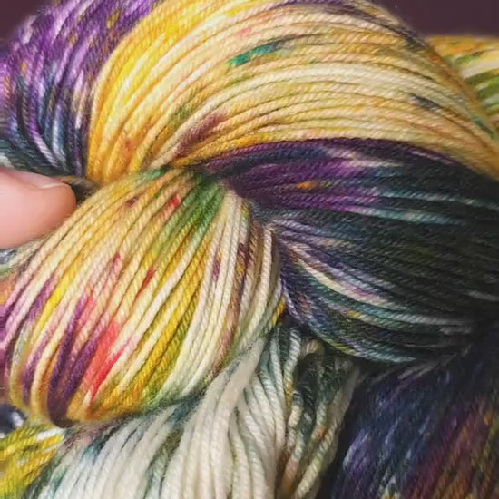 Flower Splash, hand dyed gradient yarn, gifts for knitters, happy sock yarn, yellow purple colorful knitting supplies, speckled crochet yarn