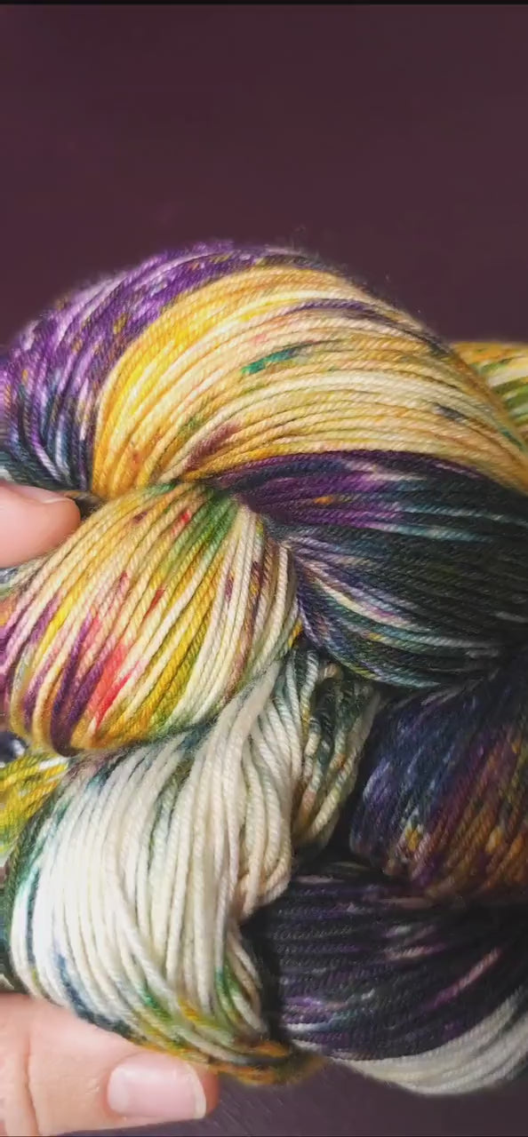 Flower Splash, hand dyed gradient yarn, gifts for knitters, happy sock yarn, yellow purple colorful knitting supplies, speckled crochet yarn