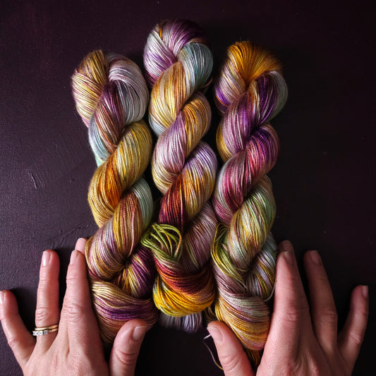 Kindred Spirit, Hand dyed vegan yarn, variegated yarn, fingering / DK weight knitting yarn, tencel / bamboo / cotton crochet thread