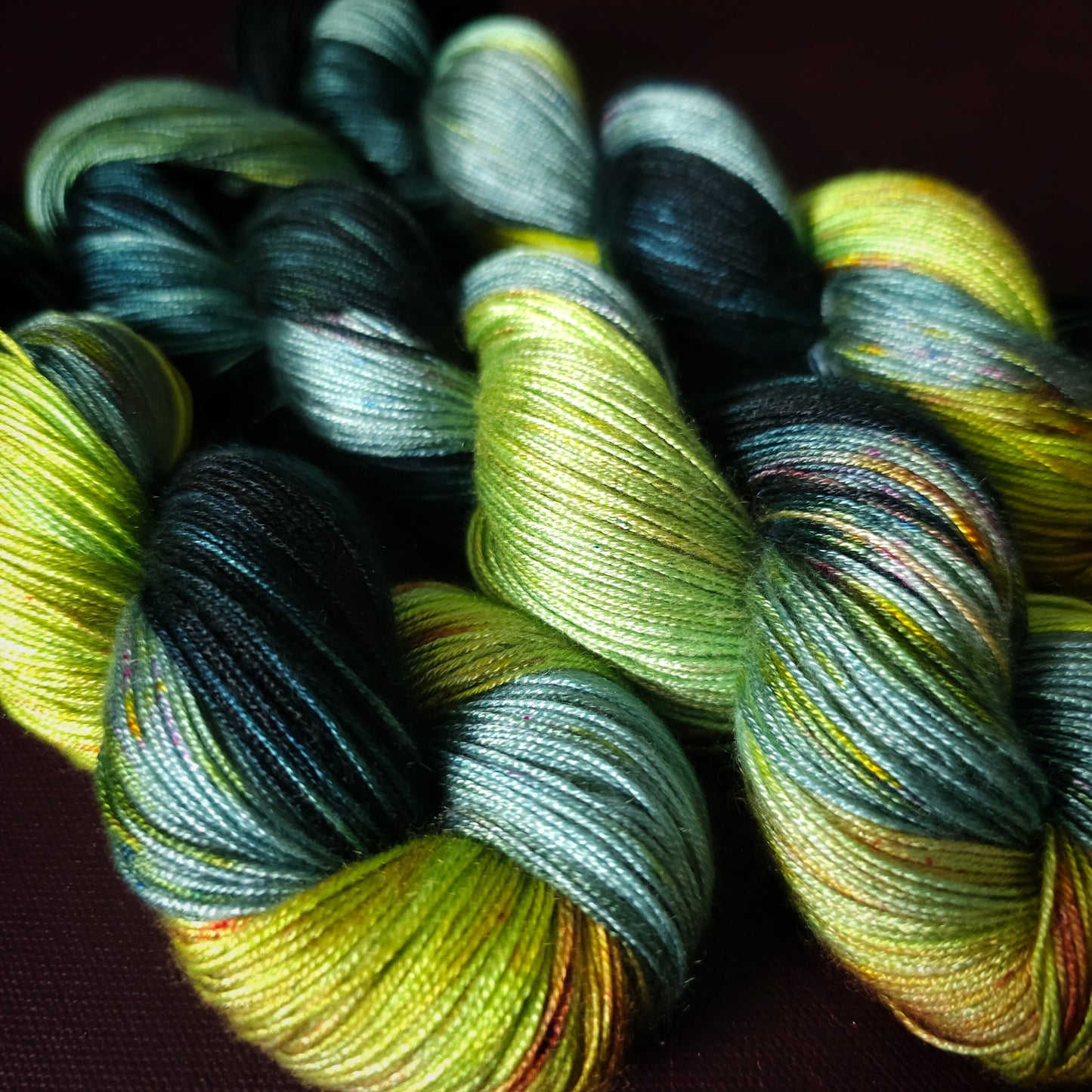 Electric Lime Pop, Hand dyed vegan yarn, variegated yarn, fingering / DK weight knitting yarn, tencel / bamboo / cotton crochet thread