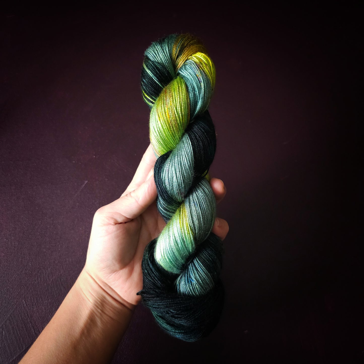 Electric Lime Pop, Hand dyed vegan yarn, variegated yarn, fingering / DK weight knitting yarn, tencel / bamboo / cotton crochet thread