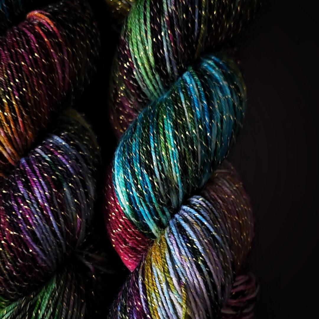 Tropical Splash, hand dyed merino singles yarn, gifts for knitters, gold lurex sock yarn, colorful knitting supplies, merino crochet sock yarn