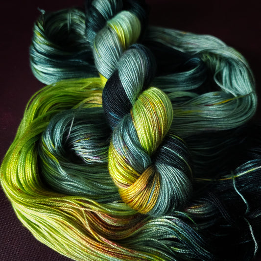 Electric Lime Pop, Hand dyed vegan yarn, variegated yarn, fingering / DK weight knitting yarn, tencel / bamboo / cotton crochet thread