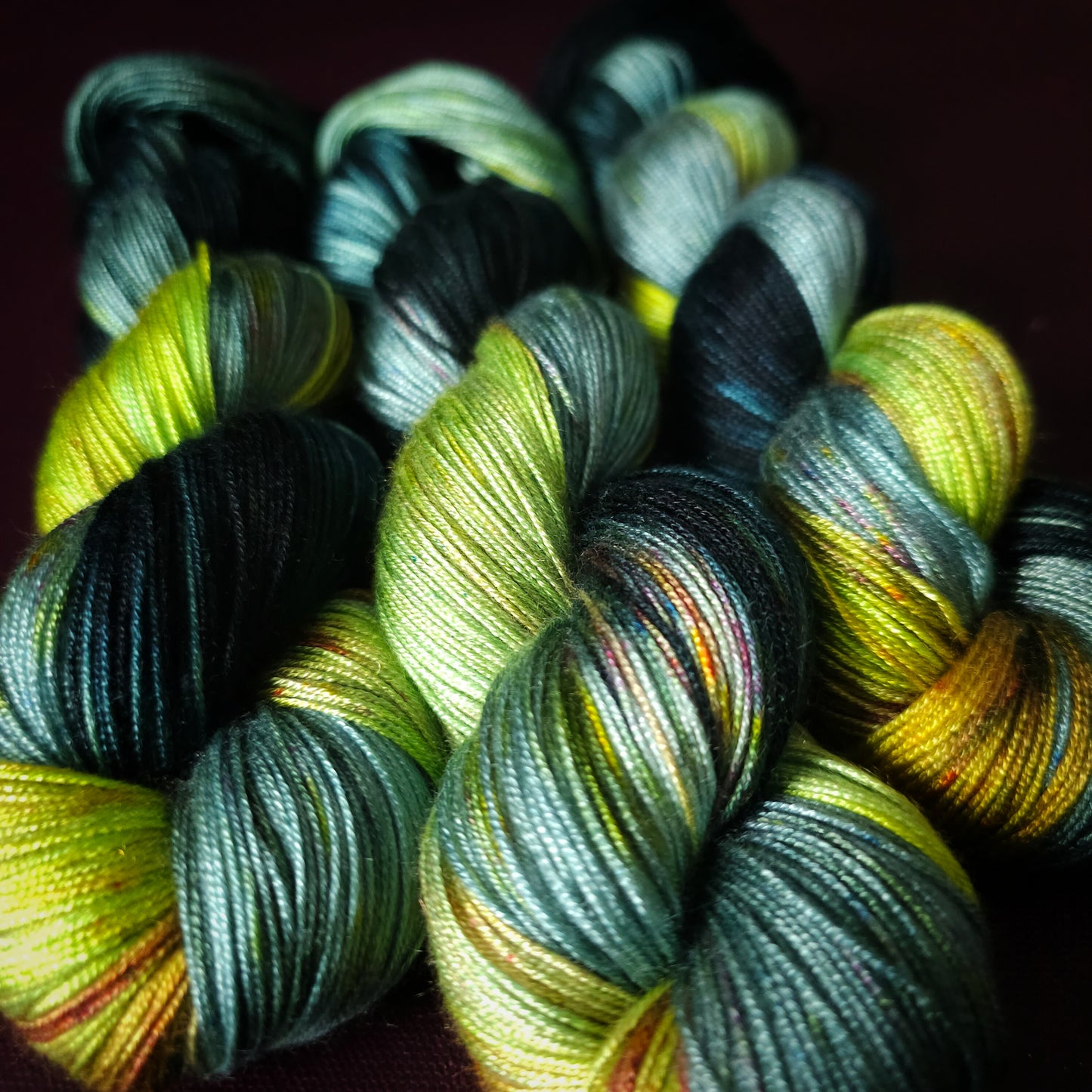 Electric Lime Pop, Hand dyed vegan yarn, variegated yarn, fingering / DK weight knitting yarn, tencel / bamboo / cotton crochet thread