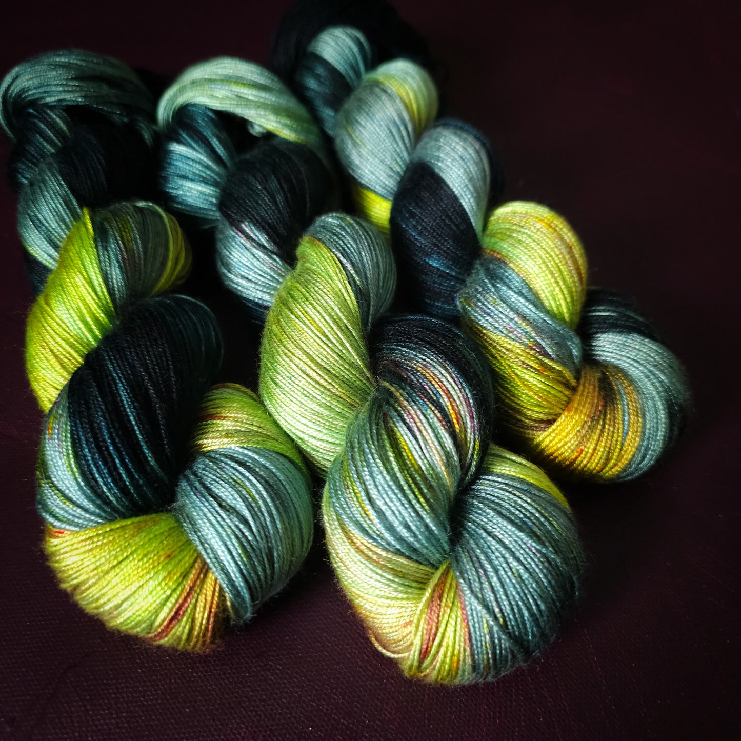 Electric Lime Pop, Hand dyed vegan yarn, variegated yarn, fingering / DK weight knitting yarn, tencel / bamboo / cotton crochet thread