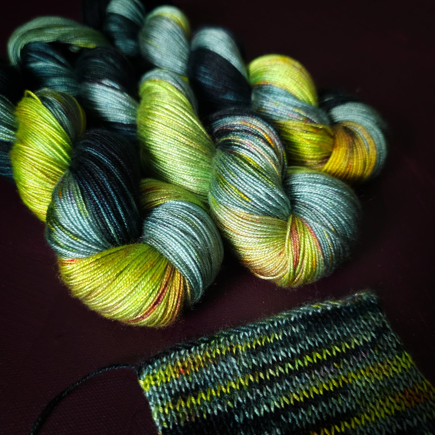 Electric Lime Pop, Hand dyed vegan yarn, variegated yarn, fingering / DK weight knitting yarn, tencel / bamboo / cotton crochet thread