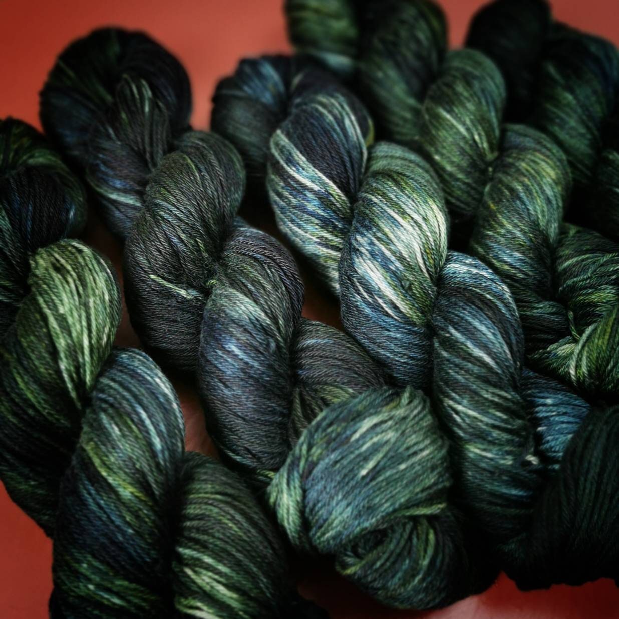 Hand dyed yarn ~ Dark Green Wave*** Dyed to order ~ mercerized cotton yarn, vegan, hand painted,