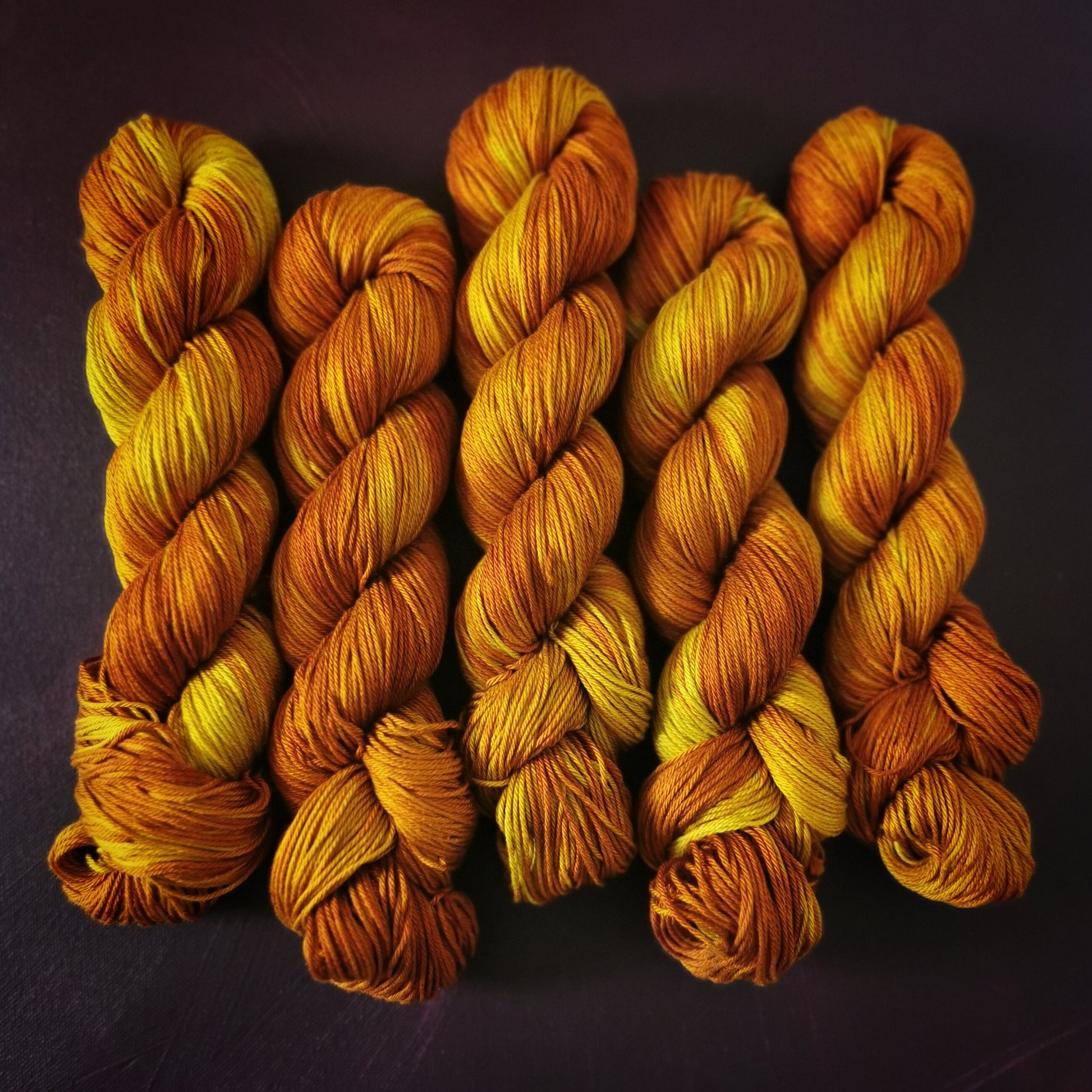Hand dyed yarn ~ Tumeric Passion ~ mercerized cotton yarn, vegan, hand painted, indie dyed