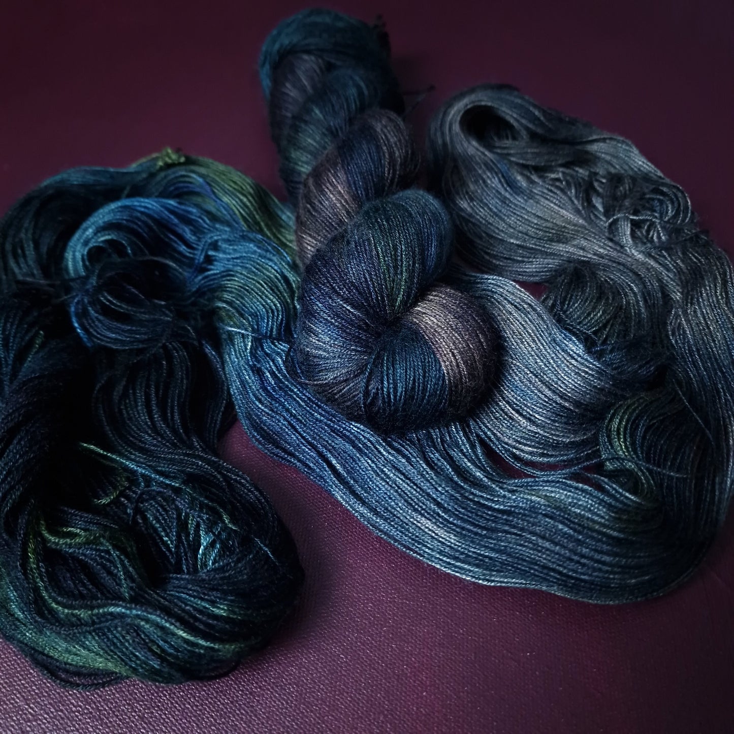 Hand dyed yarn ~ Mountain Blues~ fingering weight bamboo yarn, vegan, hand painted