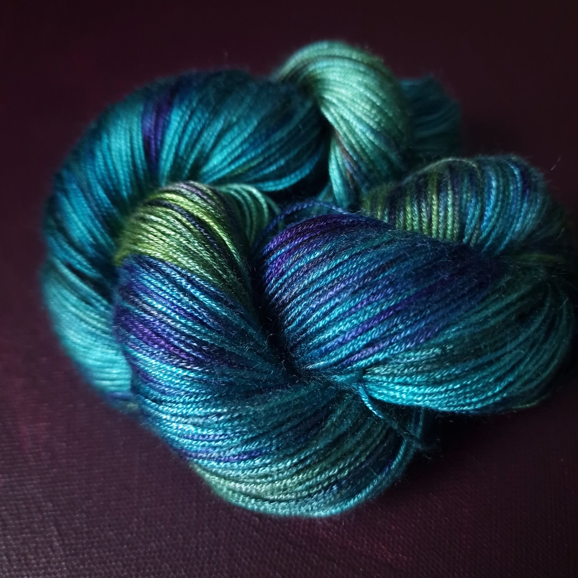 Hand dyed yarn ~ Peacock Eye ***Dyed to order ~ fingering / DK weight tencel OR bamboo yarn, vegan, hand painted
