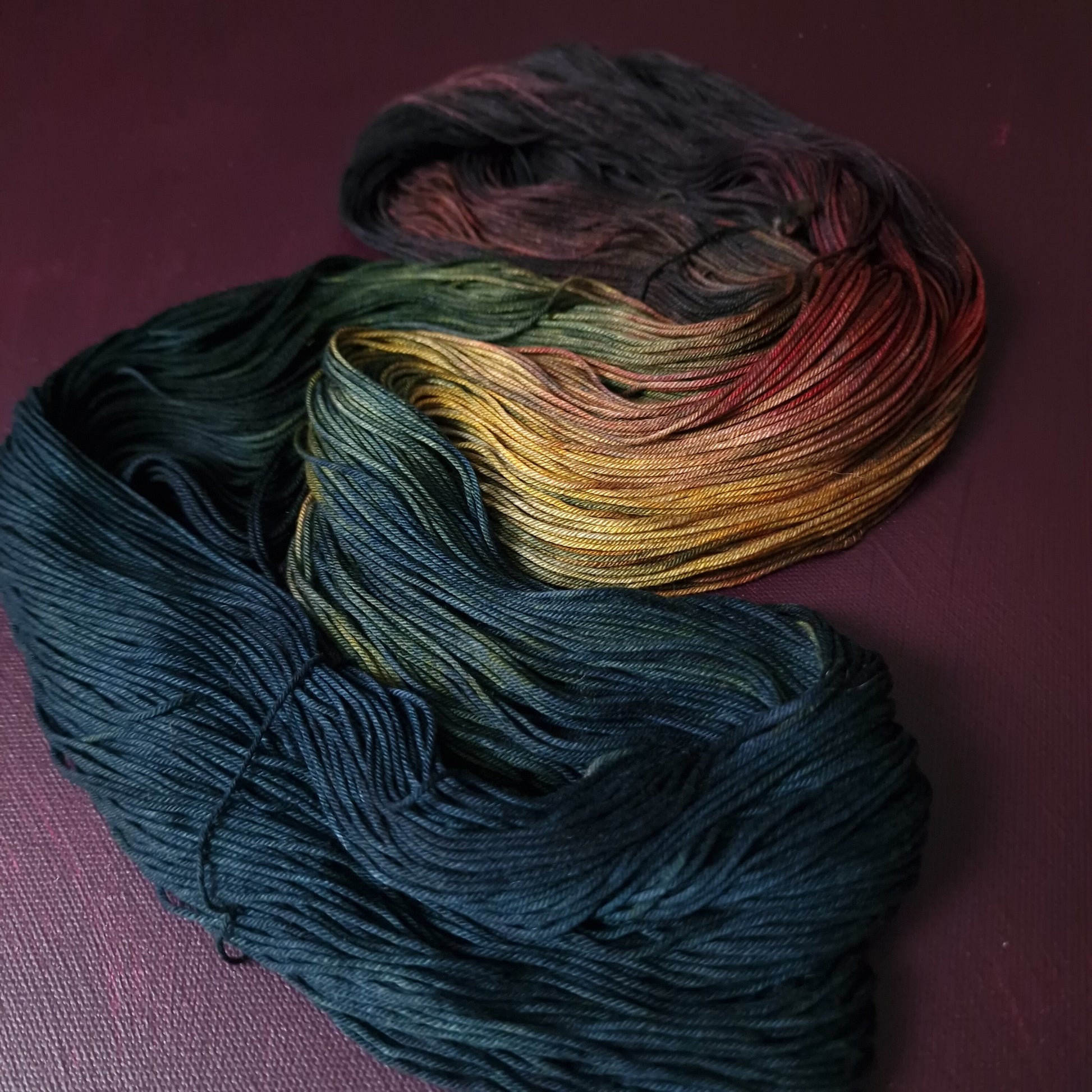 Hand dyed yarn ~ Autumn Sunset ~ mercerized cotton sport weight, vegan, hand painted, indie dyed