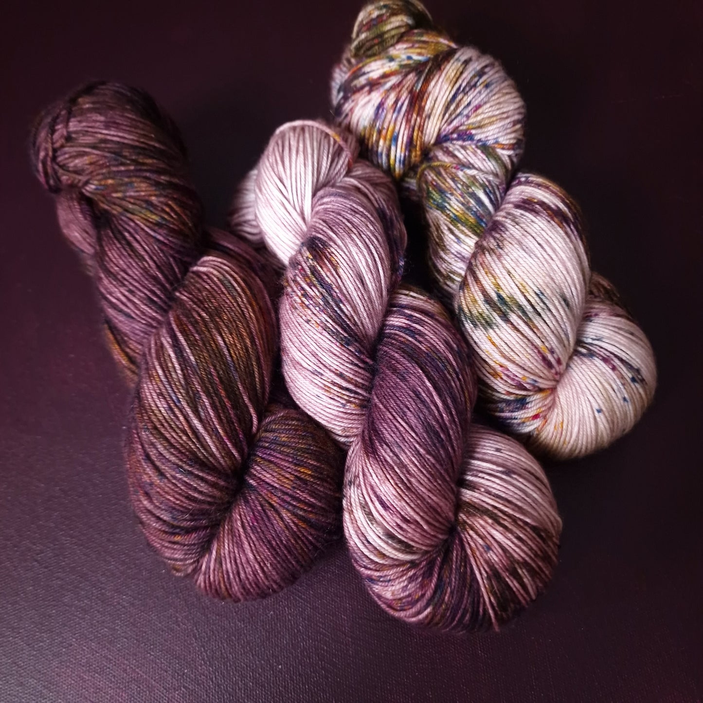 Hand dyed yarn ~ Fading Set ~ Plum Garden Trio ~ Squishy Sock, fingering weight, hand painted